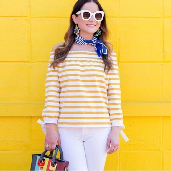 J. Crew Yellow and White Striped Off-Shoulder Blouse - Picture 2 of 12